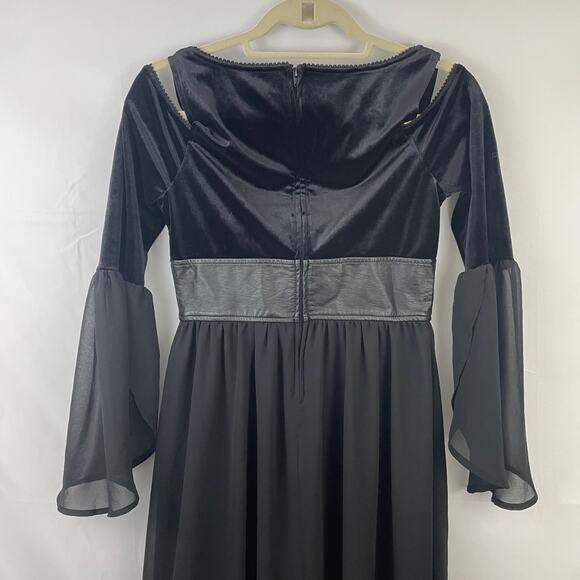 Hot Topic Black Velvet Bell Sleeve Cold Shoulder Dress Corset Faux Leather Small - Picture 12 of 12